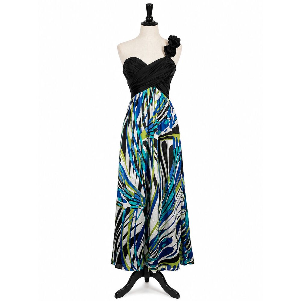 My Michelle One Shoulder Formal Maxi Dress Women’s Size 3 Blue Black Abstract
